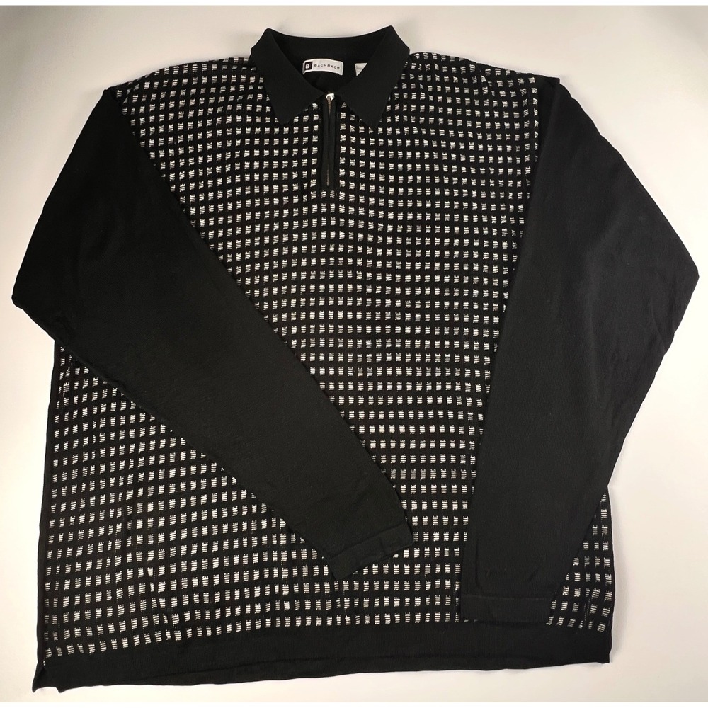 Bachrach Polo Sweater Mens XL Black Silk Cotton Quarter Zip Knit {Dressy Luxury}